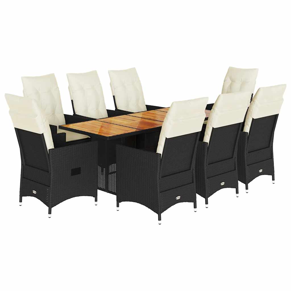 Set da Pranzo da Giardino 9 pz con Cuscini Nero in Polyrattan
