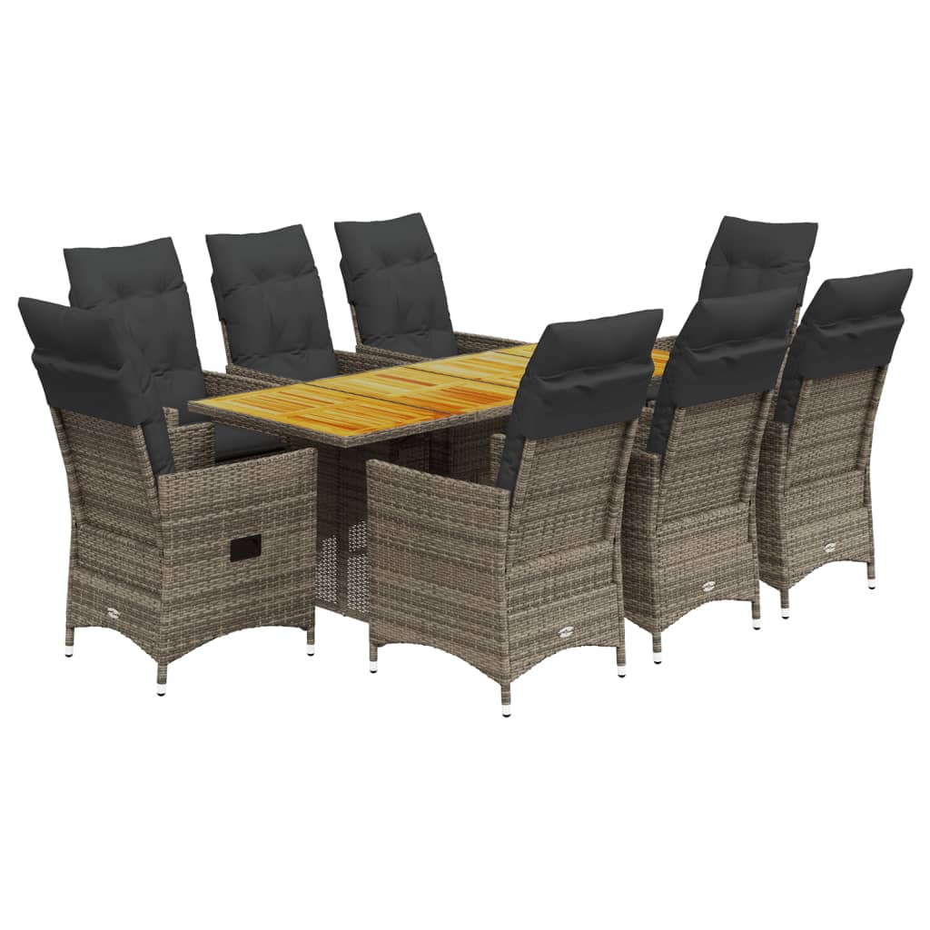 Set da Pranzo da Giardino 9 pz con Cuscini in Polyrattan Grigio