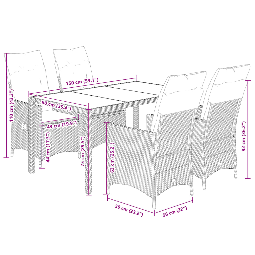 Set da Pranzo da Giardino 5 pz con Cuscini in Polyrattan Grigio