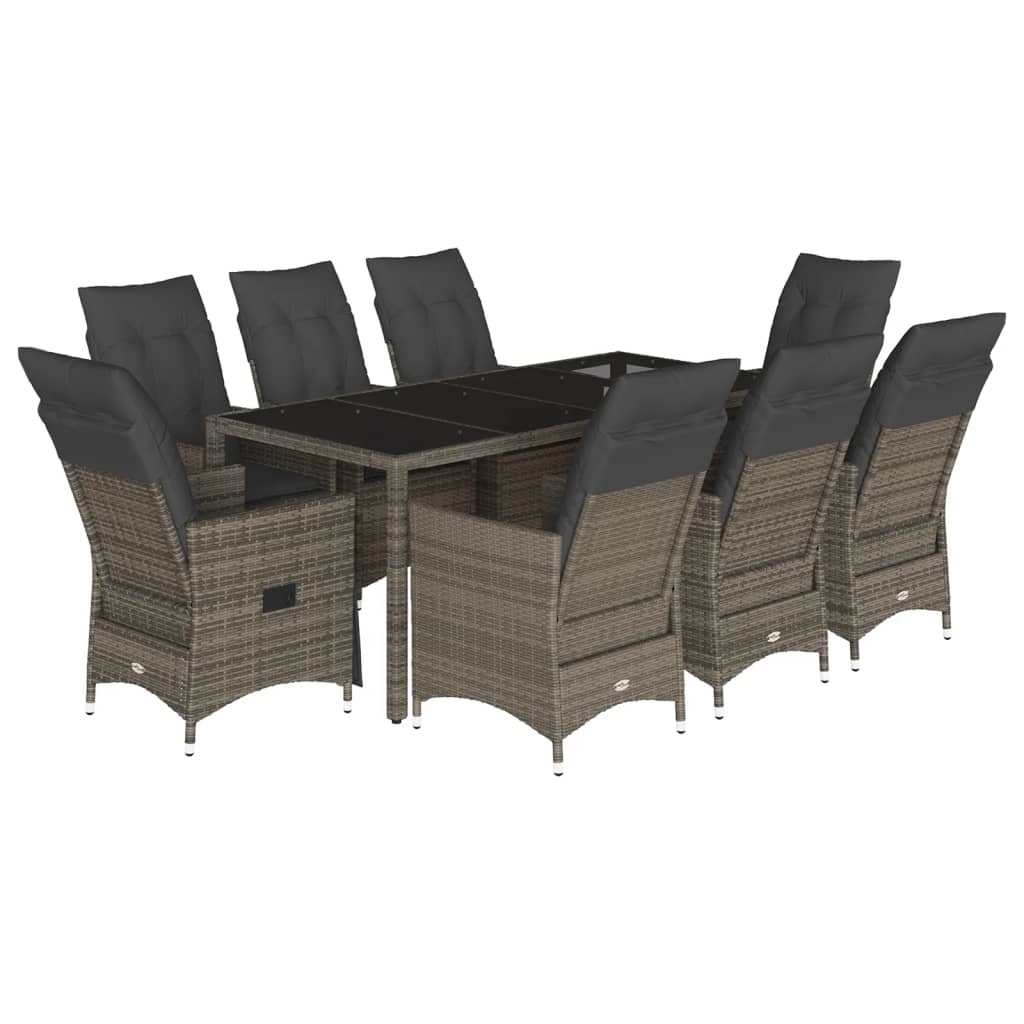 Set da Pranzo da Giardino 9 pz con Cuscini in Polyrattan Grigio