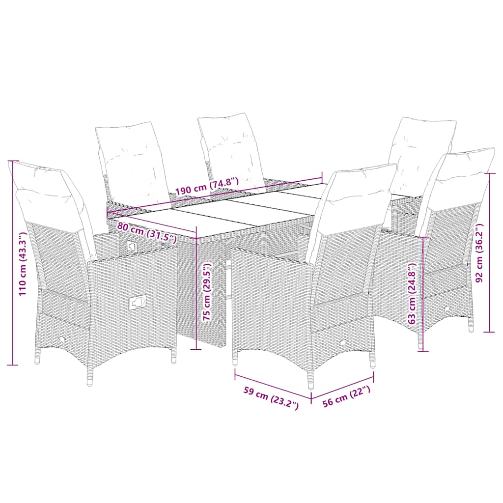 Set da Pranzo da Giardino 7pz con Cuscini in Polyrattan Marrone