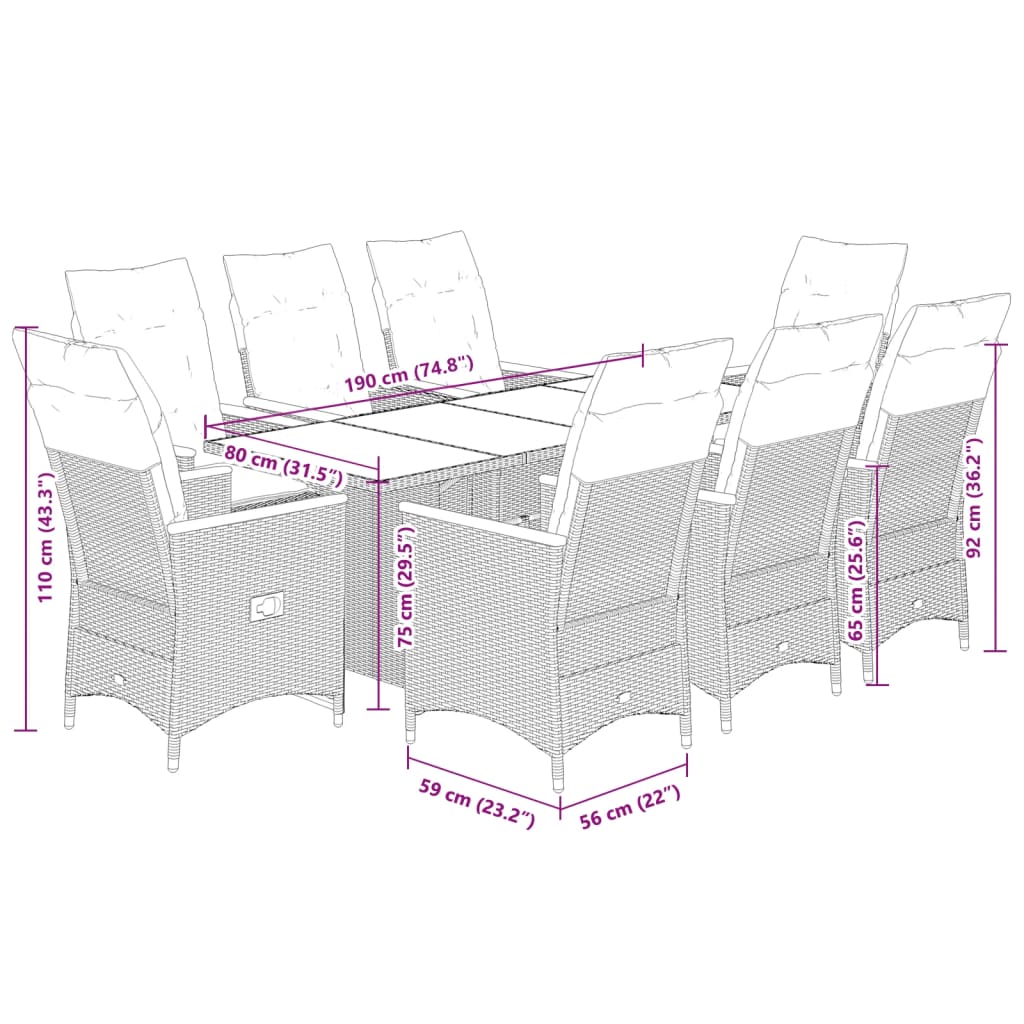 Set da Pranzo da Giardino 7 pz Nero con Cuscini in Polyrattan
