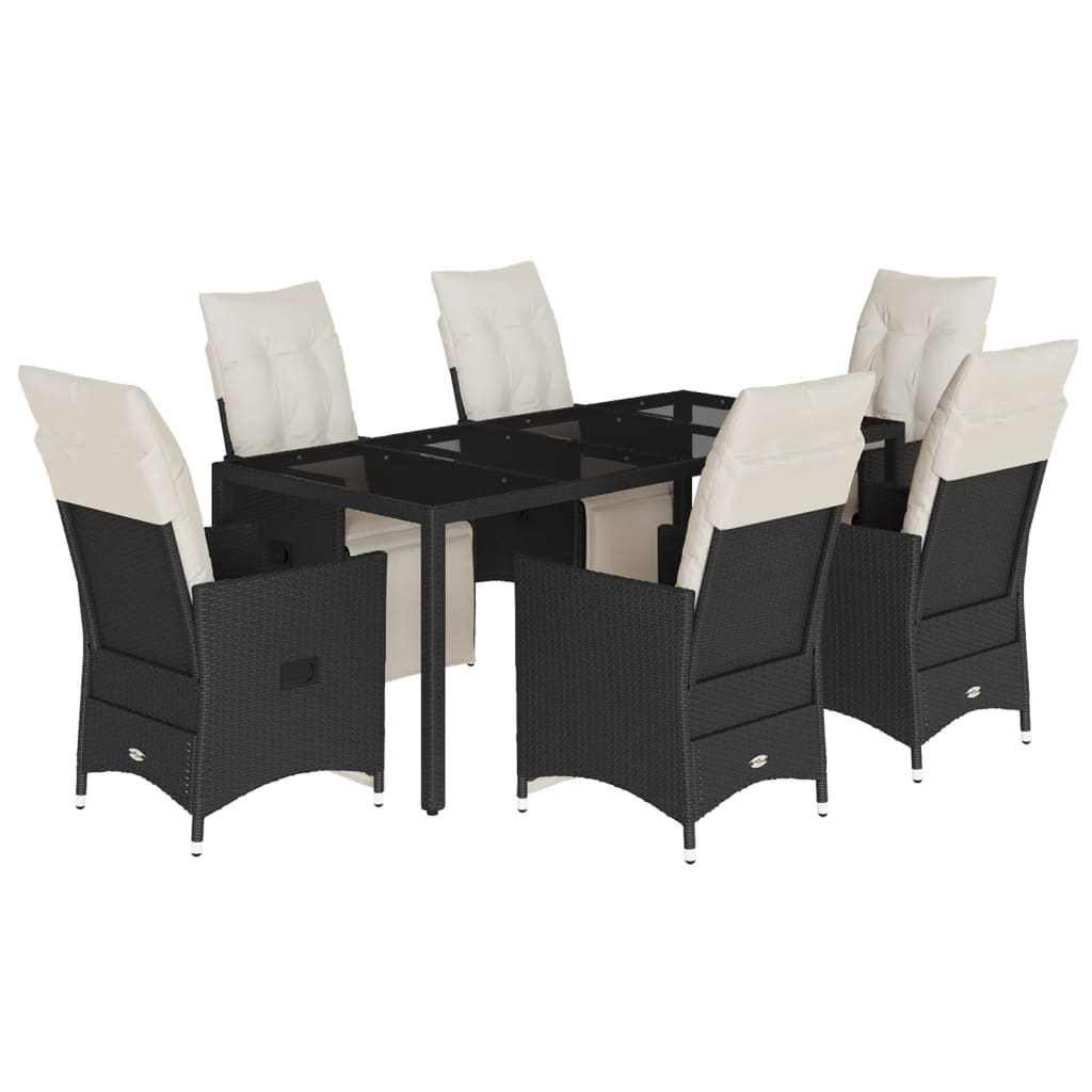 Set da Pranzo da Giardino 7 pz Nero con Cuscini in Polyrattan