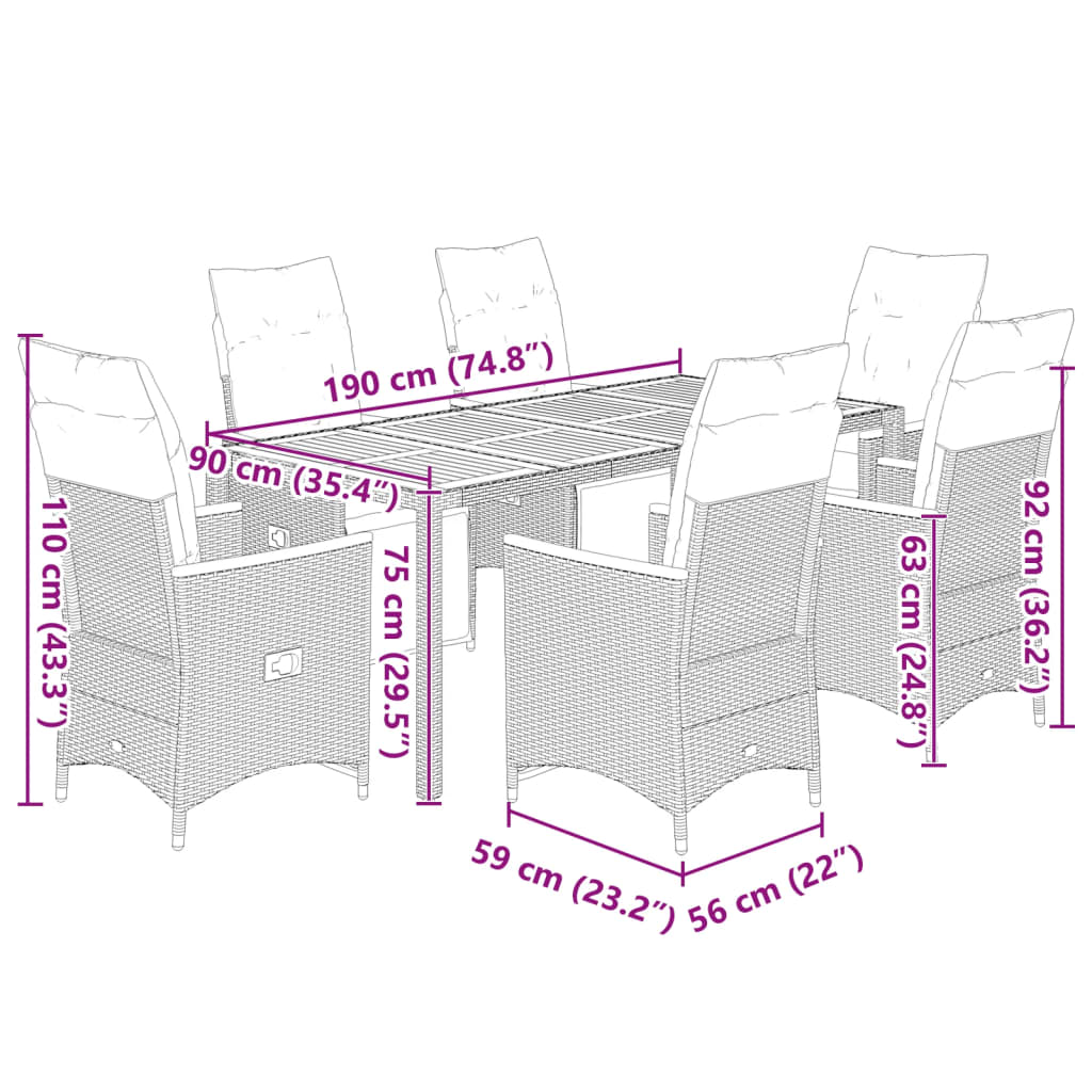 Set da Bistrò da Giardino 7 pz con Cuscini Nero in Polyrattan