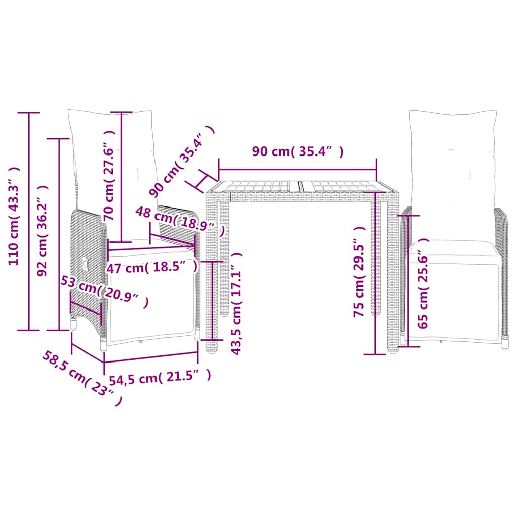 Set Bistrò da Giardino 3 pz con Cuscini in Polyrattan Grigio