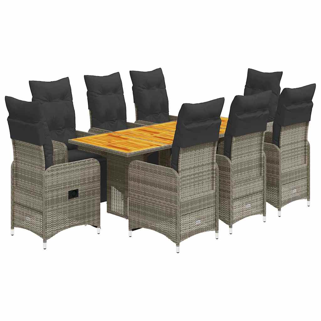 Set Bistrò da Giardino 9 pz con Cuscini in Polyrattan Grigio