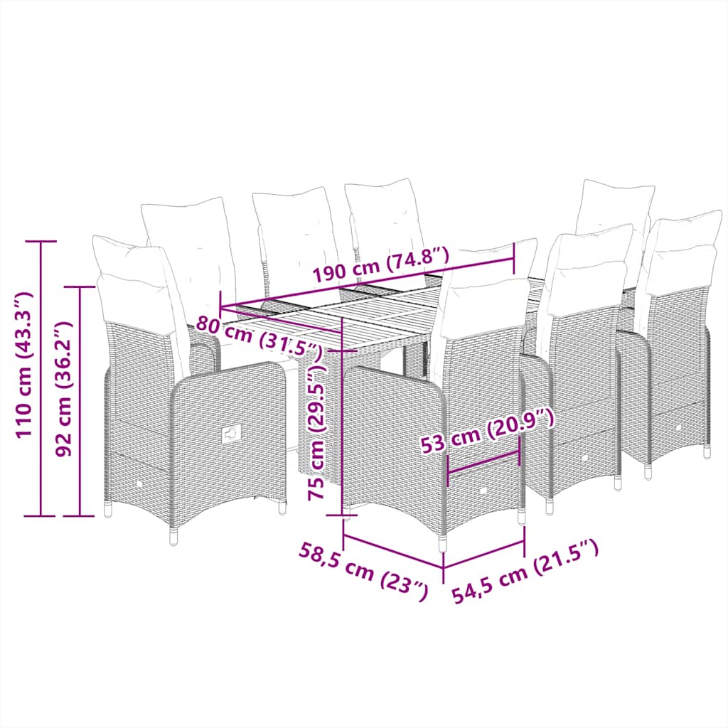 Set Bistrò da Giardino 9 pz con Cuscini in Polyrattan Grigio