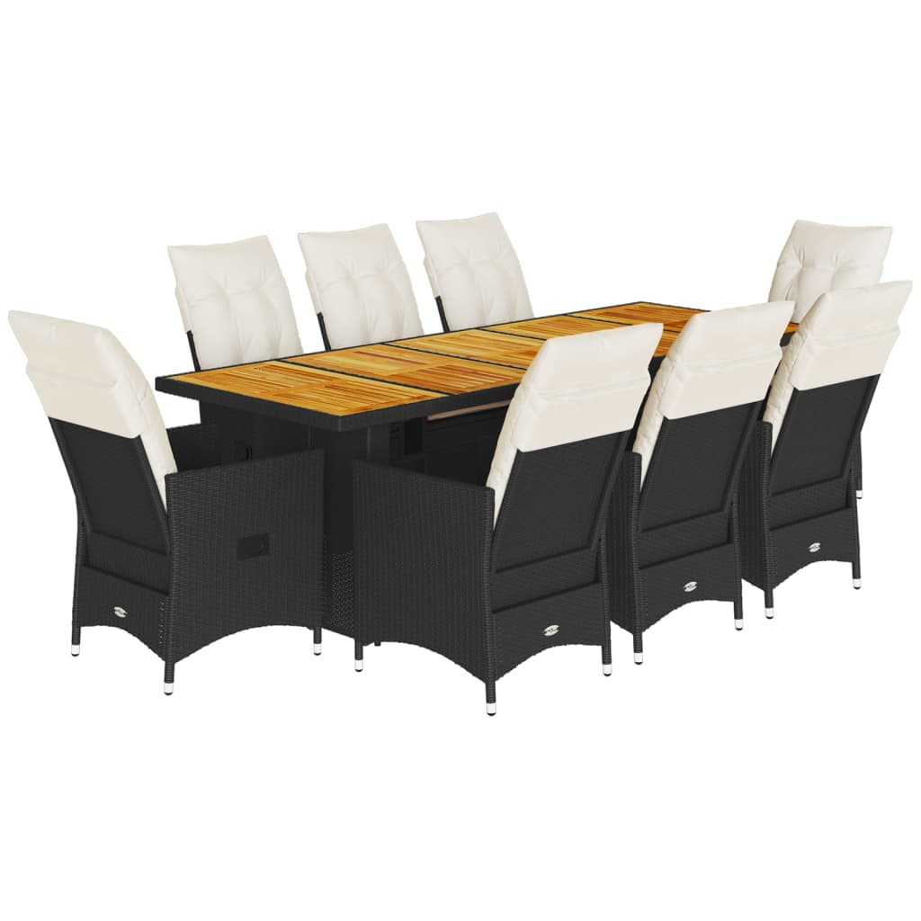 Set Bistrò da Giardino 9 pz con Cuscini in Polyrattan Nero