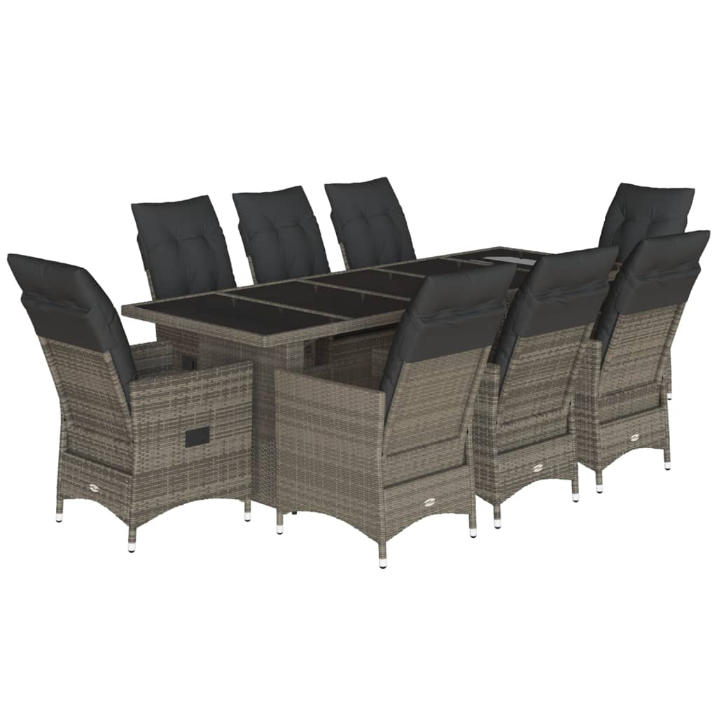 Set Bistrò da Giardino 9 pz con Cuscini in Polyrattan Grigio