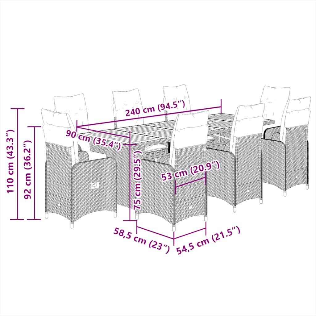 Set Bistrò da Giardino 9 pz con Cuscini in Polyrattan Nero