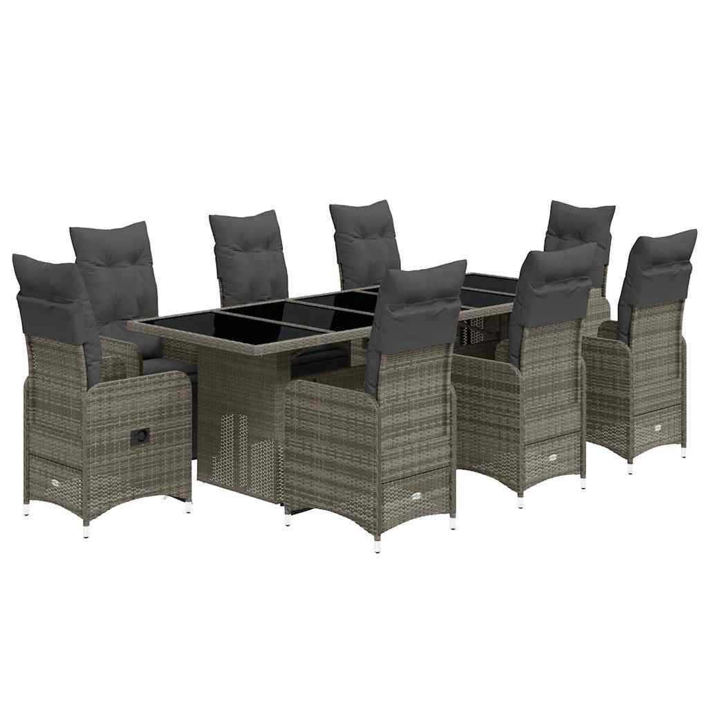 Set Bistrò da Giardino 9 pz con Cuscini in Polyrattan Grigio