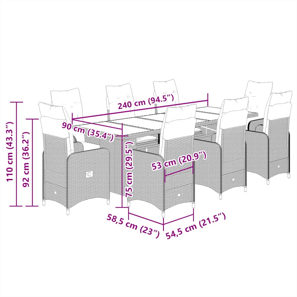 Set Bistrò da Giardino 9 pz con Cuscini in Polyrattan Grigio