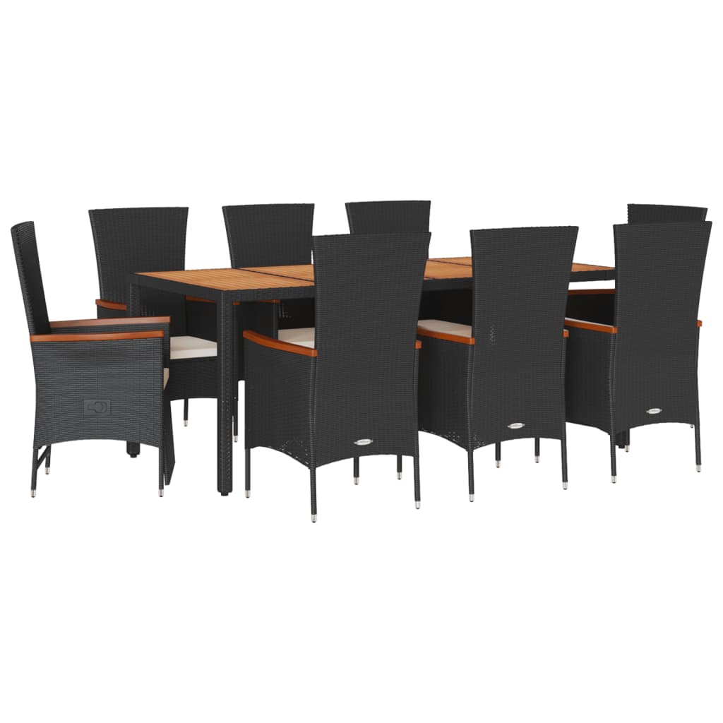 Set da Pranzo da Giardino 9 pz con Cuscini Nero in Polyrattan