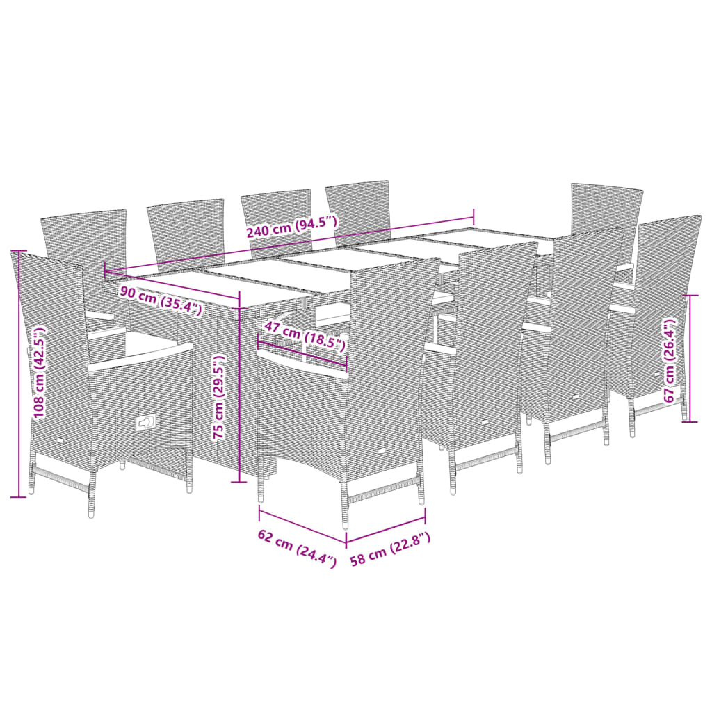 Set da Pranzo da Giardino 11 pz con Cuscini in Polyrattan Nero