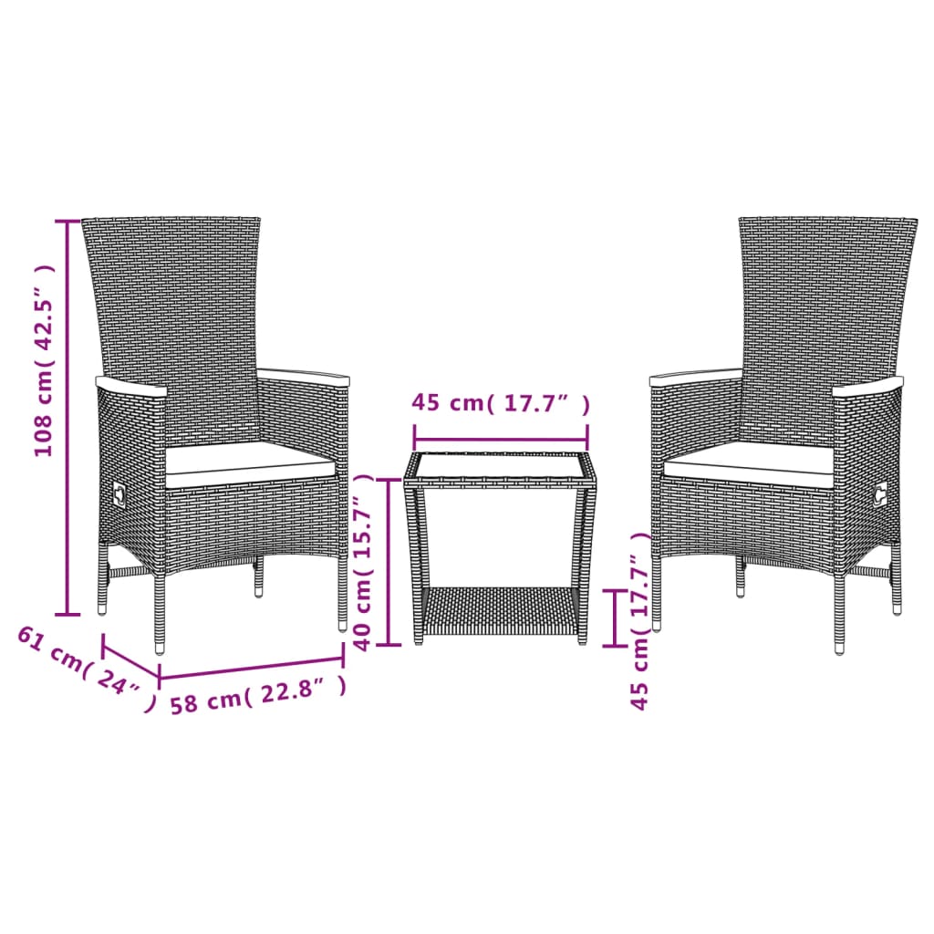 Set da Pranzo da Giardino 3 pz con Cuscini Nero in Polyrattan