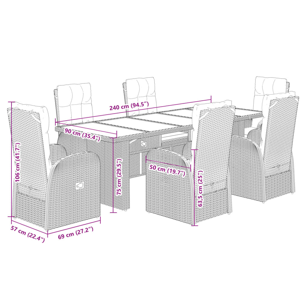 Set da Pranzo da Giardino 7 pz Nero con Cuscini in Polyrattan