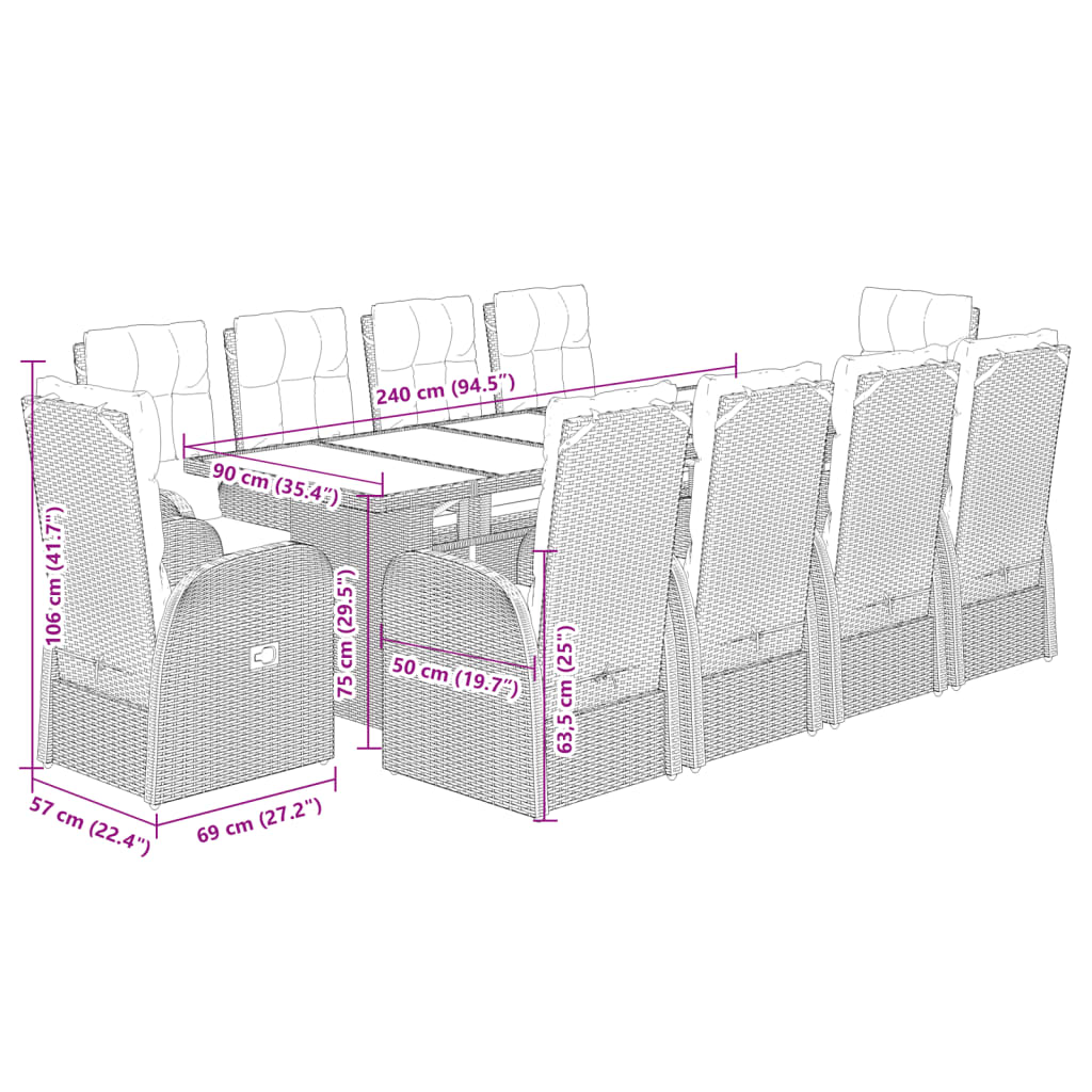 Set da Pranzo da Giardino 11 pz con Cuscini in Polyrattan Nero
