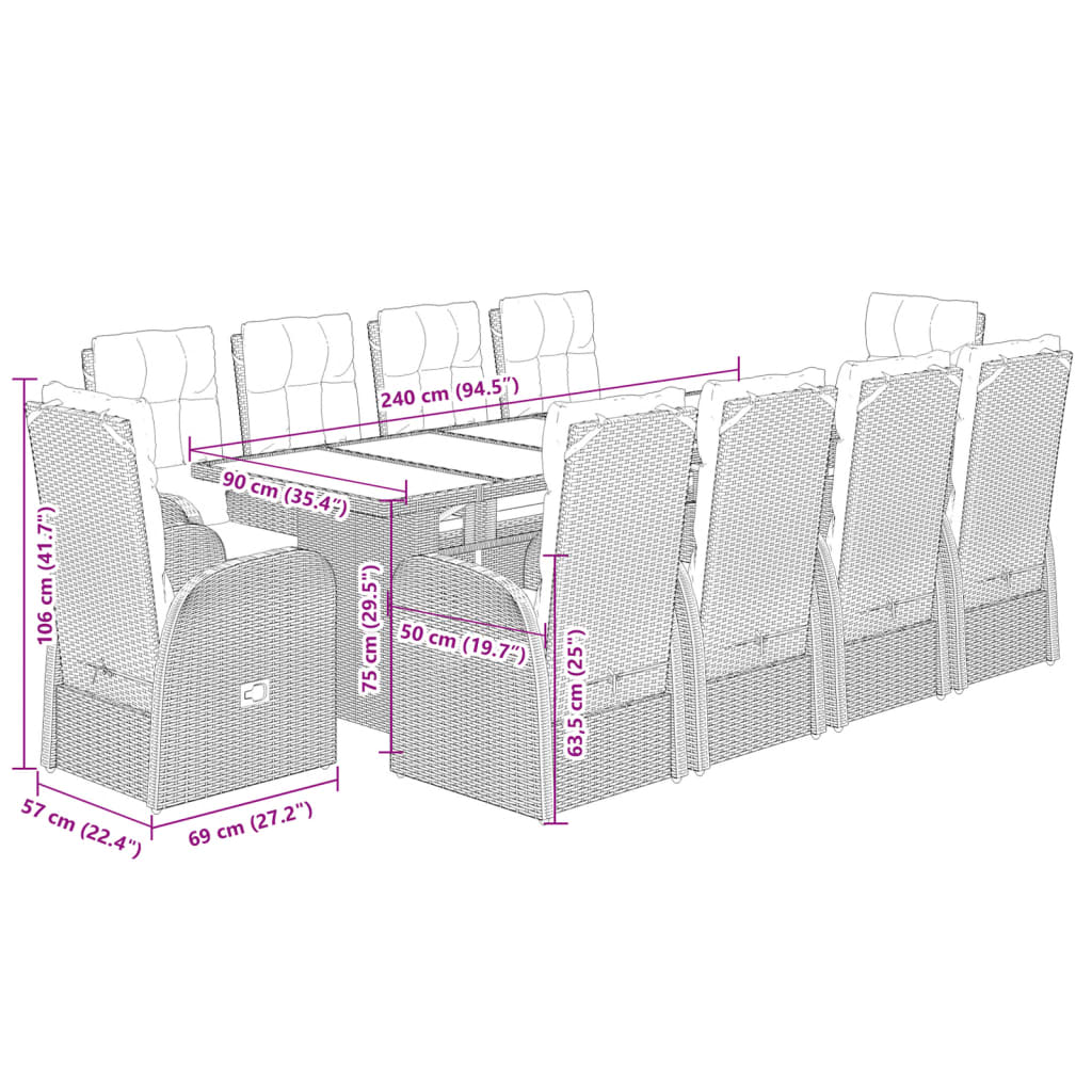 Set da Pranzo da Giardino 11 pz con Cuscini in Polyrattan Nero