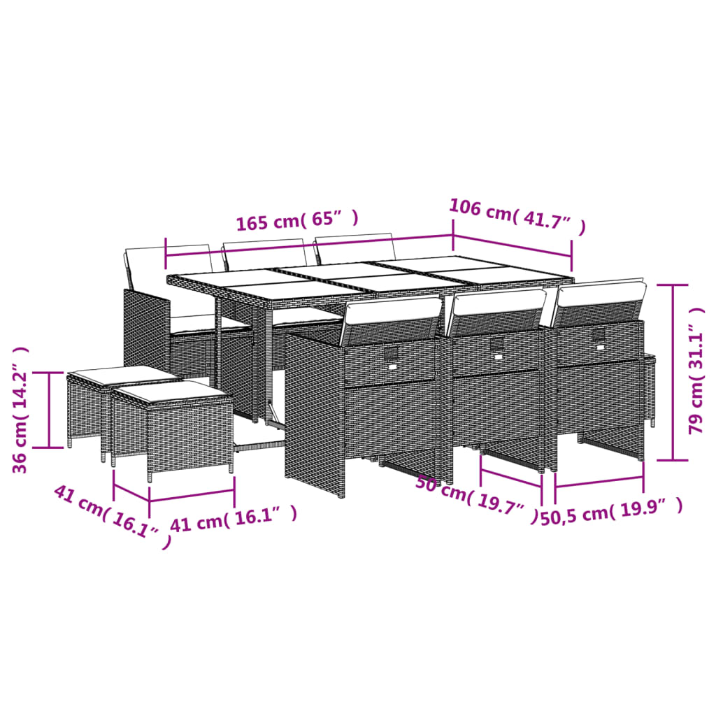 Set da Pranzo da Giardino 11pz con Cuscini in Polyrattan Grigio | homemem39