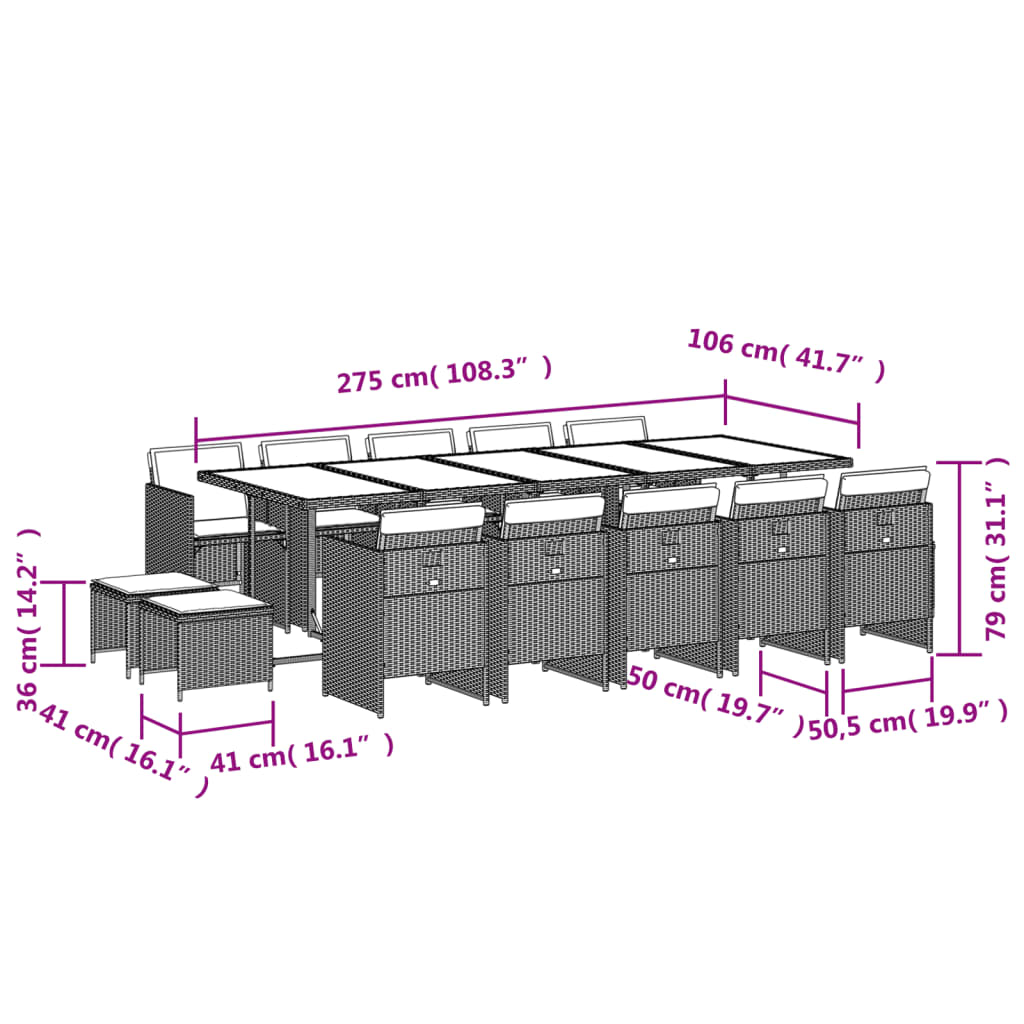 Set da Pranzo da Giardino 15 pz con Cuscini Grigio Polyrattan | homemem39