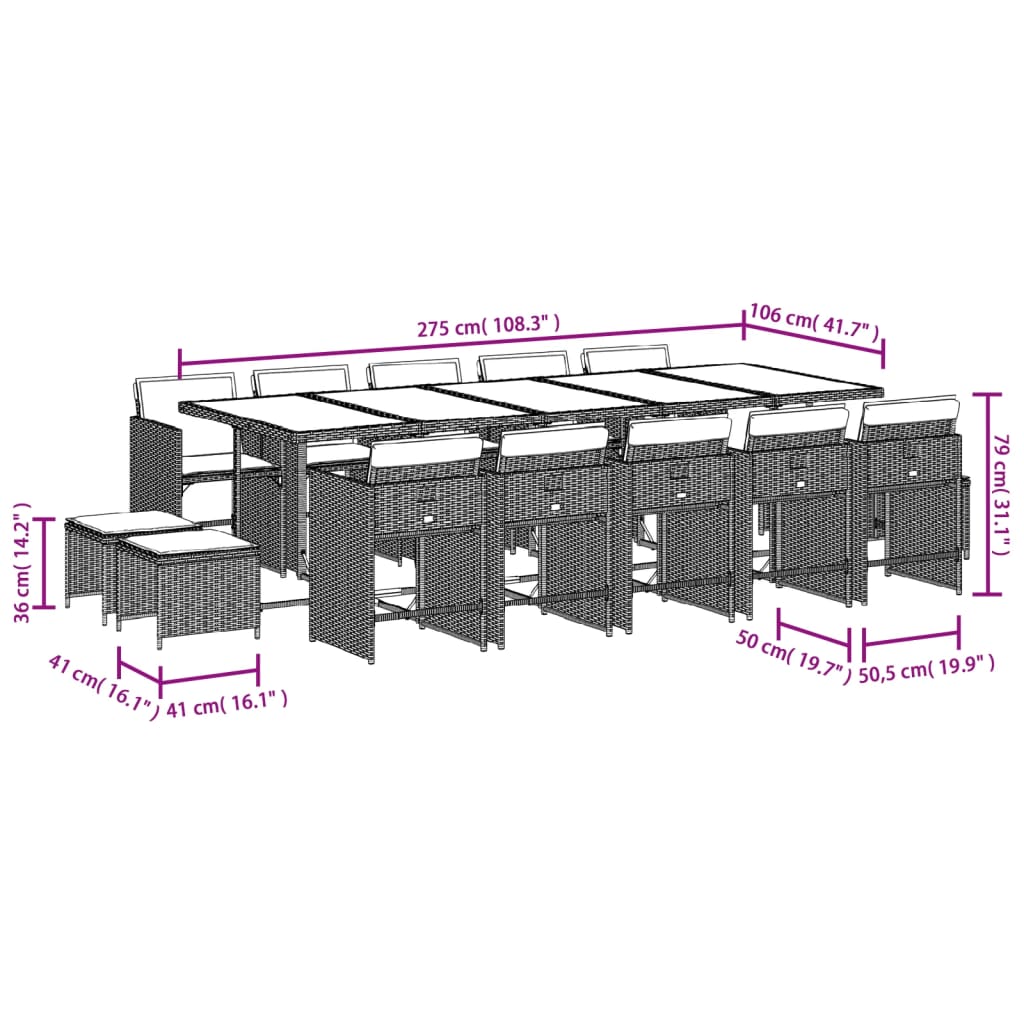 Set da pranzo da giardino da 15 pz con Cuscini in Polyrattan Grigio | homemem39