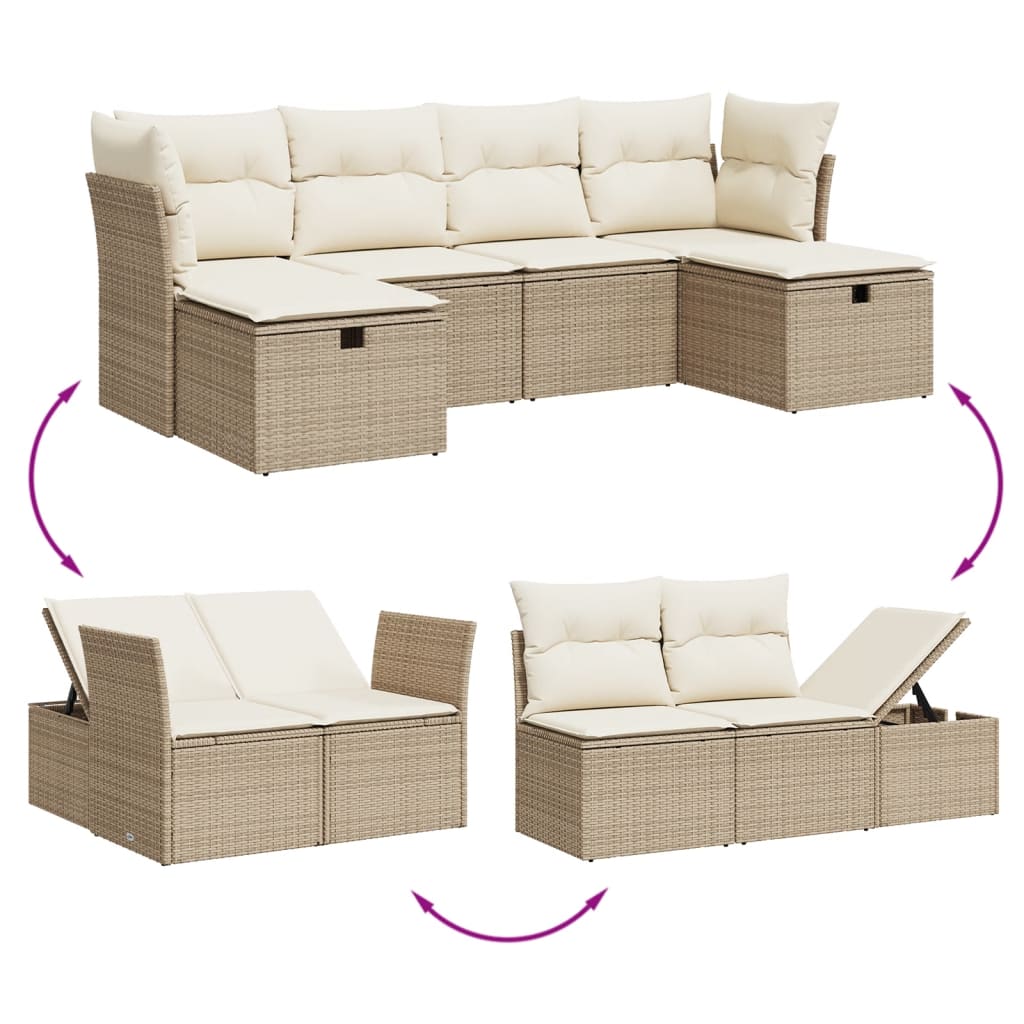 Set Divano da Giardino 6 pz con Cuscini Beige in Polyrattan - homemem39