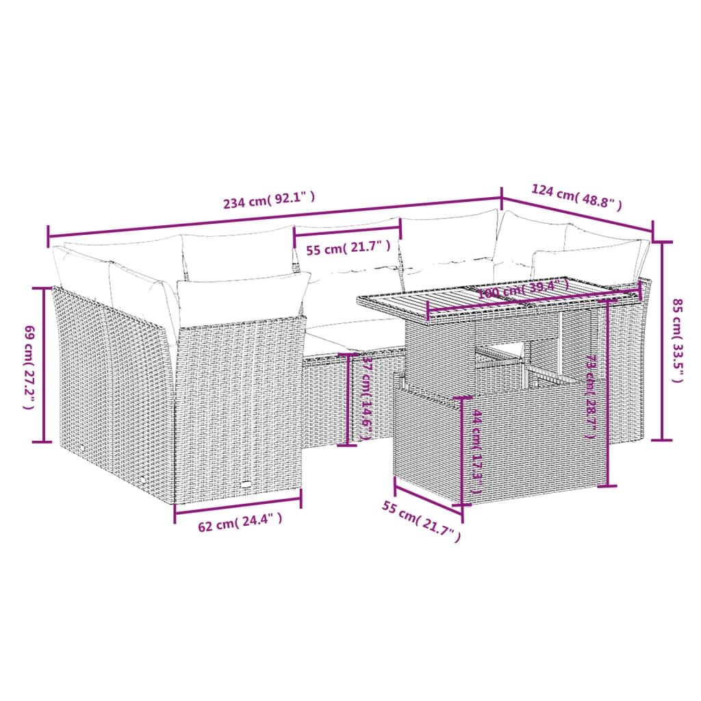 Set Divani da Giardino 7 pz con Cuscini Grigio in Polyrattan | homemem39