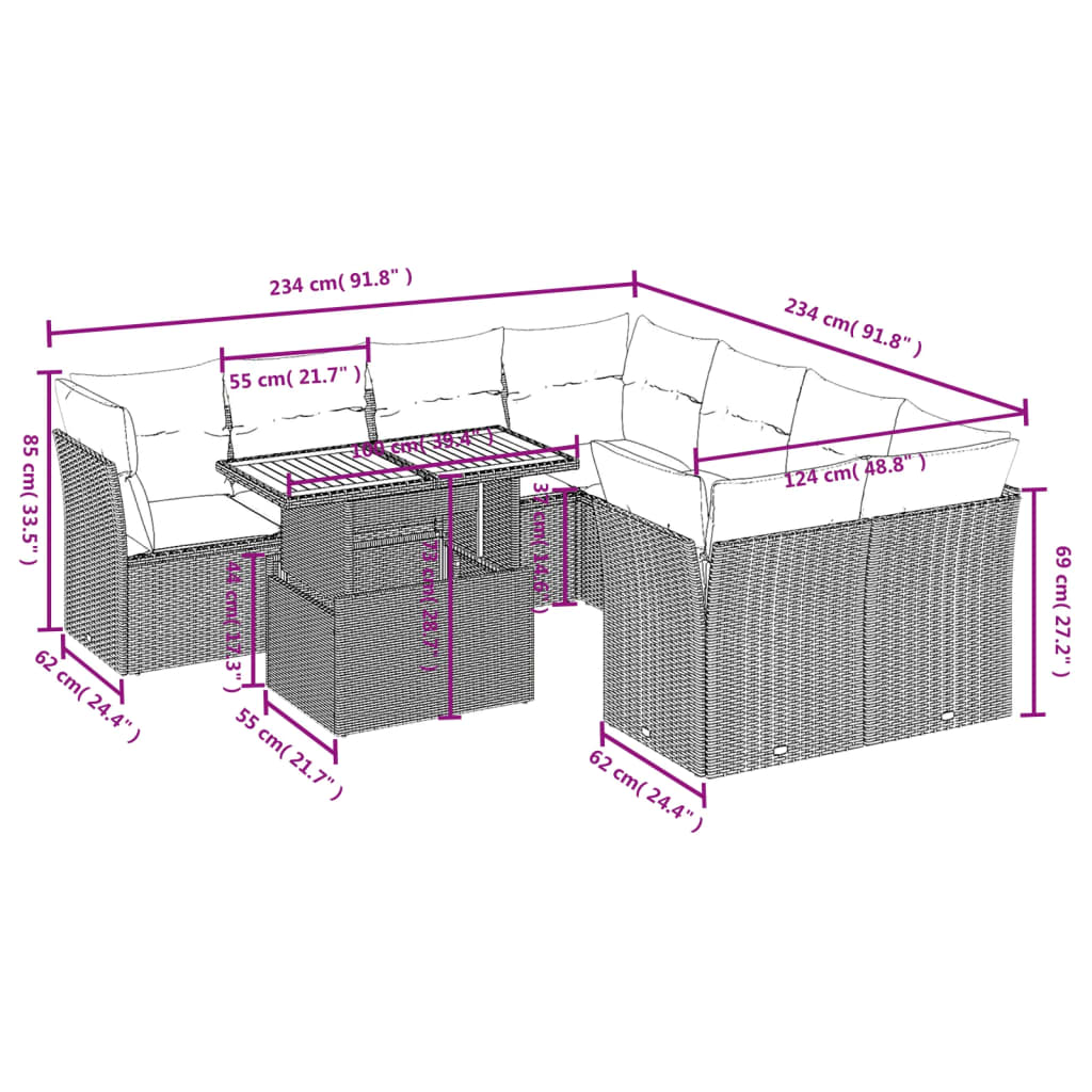 Set Divani da Giardino 9 pz con Cuscini Nero in Polyrattan | homemem39