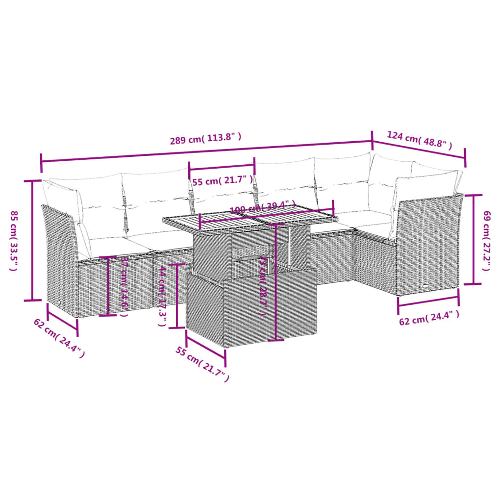 Set Divani da Giardino 7 pz con Cuscini Grigio in Polyrattan | homemem39