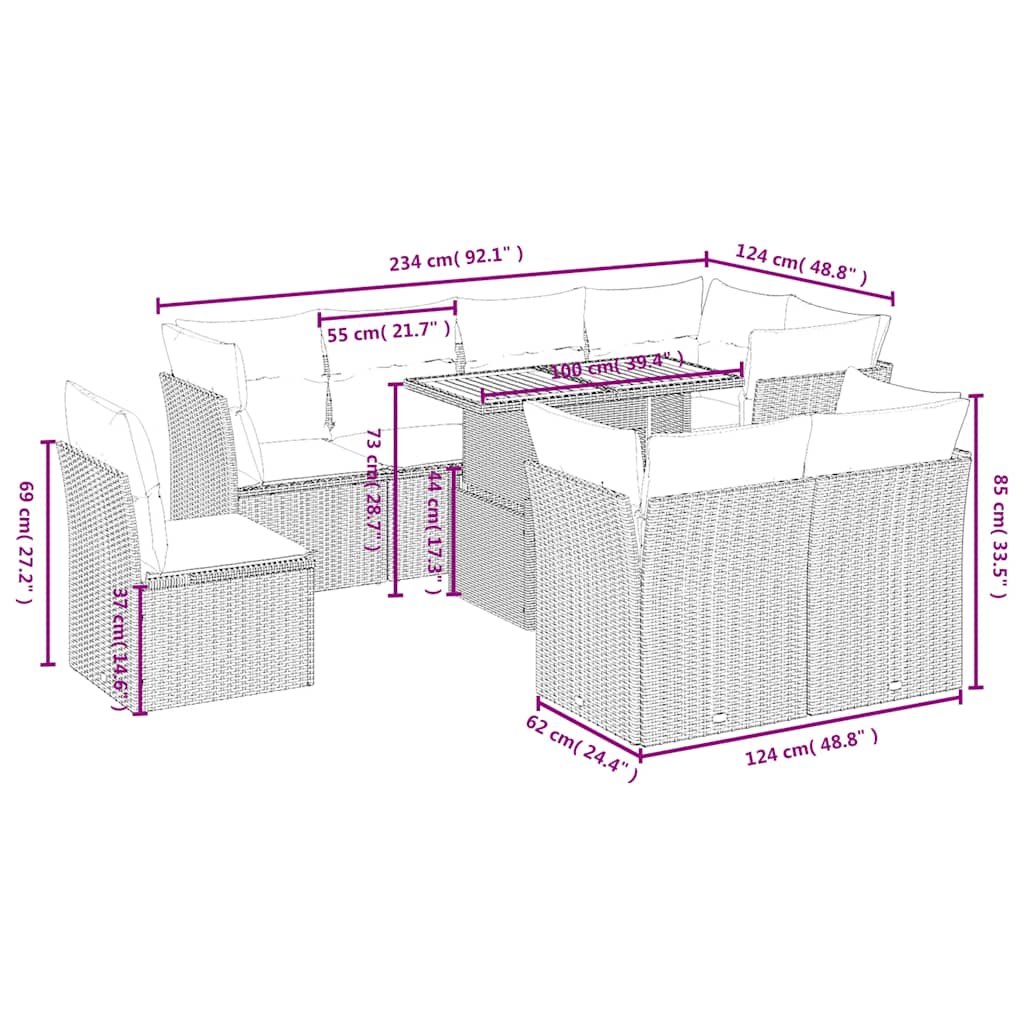 Set Divano da Giardino 9 pz con Cuscini Beige in Polyrattan | homemem39