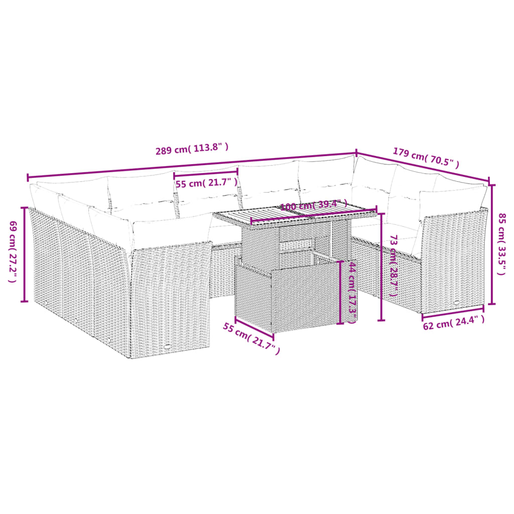 Set Divani da Giardino 10pz con Cuscini in Polyrattan Nero