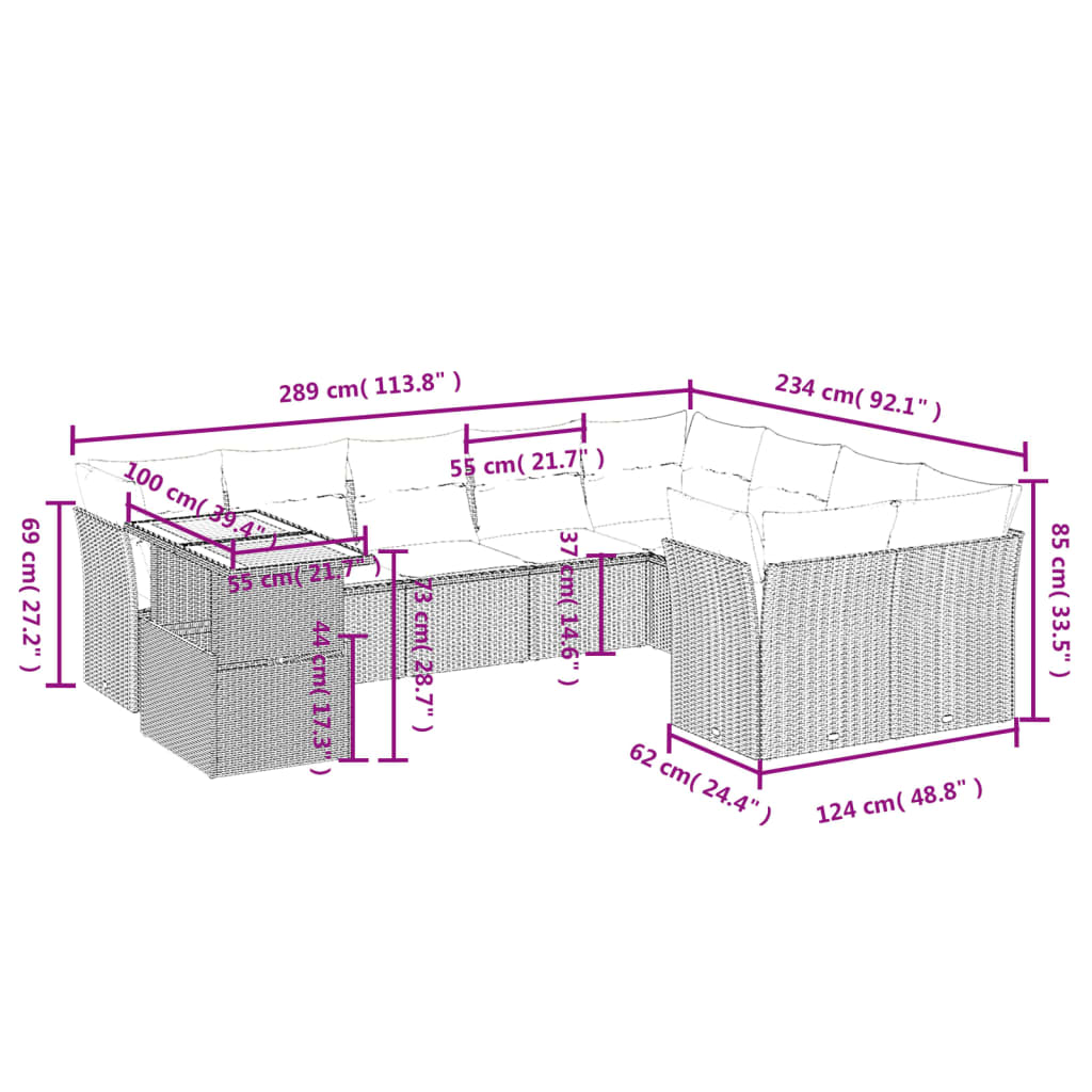 Set Divani da Giardino 10pz con Cuscini in Polyrattan Nero | homemem39