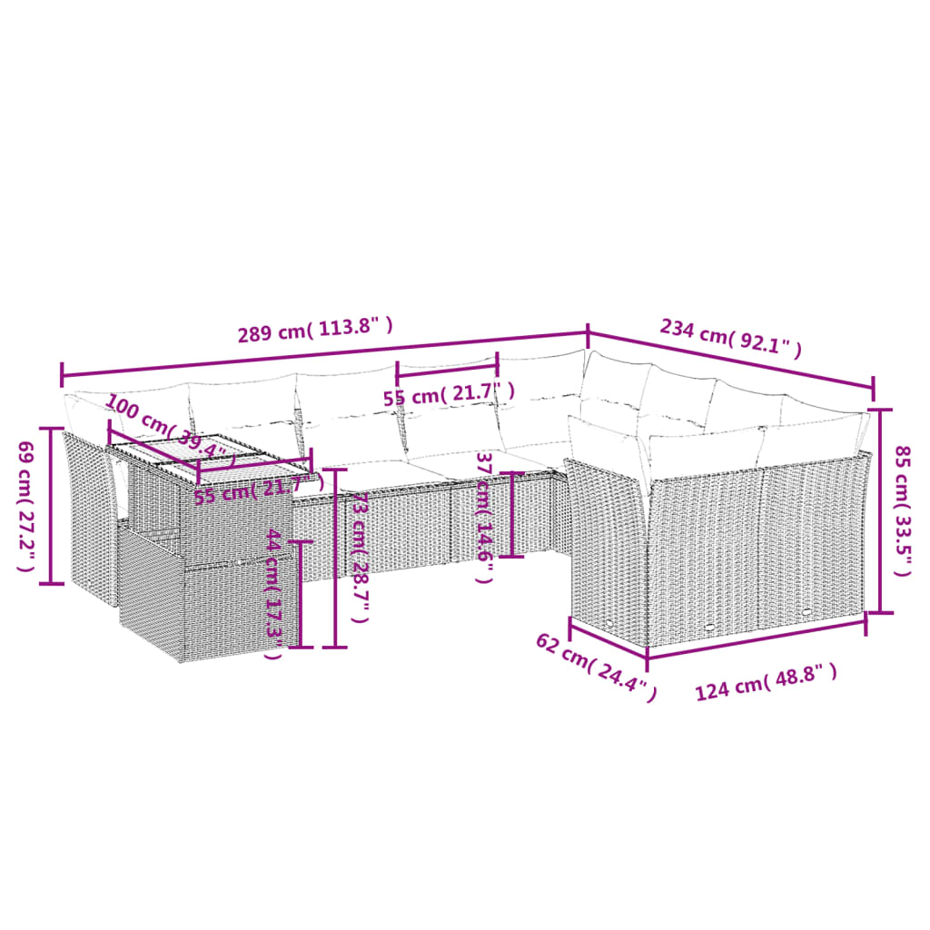 Set Divani da Giardino 10pz con Cuscini in Polyrattan Nero | homemem39