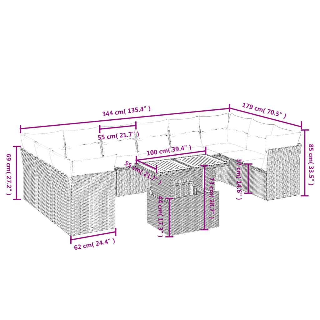Set Divani da Giardino 11 pz con Cuscini Beige in Polyrattan | homemem39