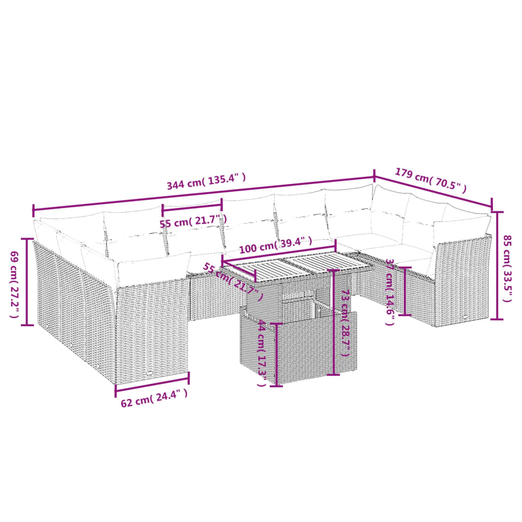 Set Divani da Giardino 11 pz con Cuscini in Polyrattan Grigio | homemem39