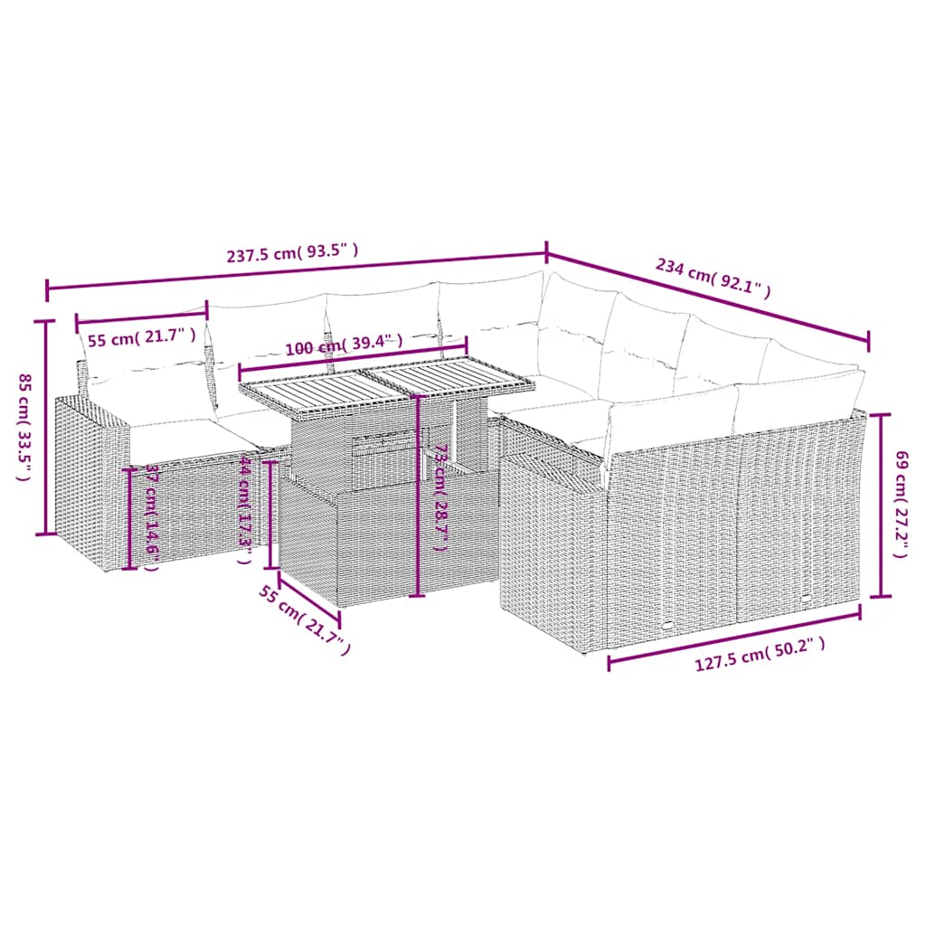 Set Divani da Giardino 9 pz con Cuscini Nero in Polyrattan | homemem39