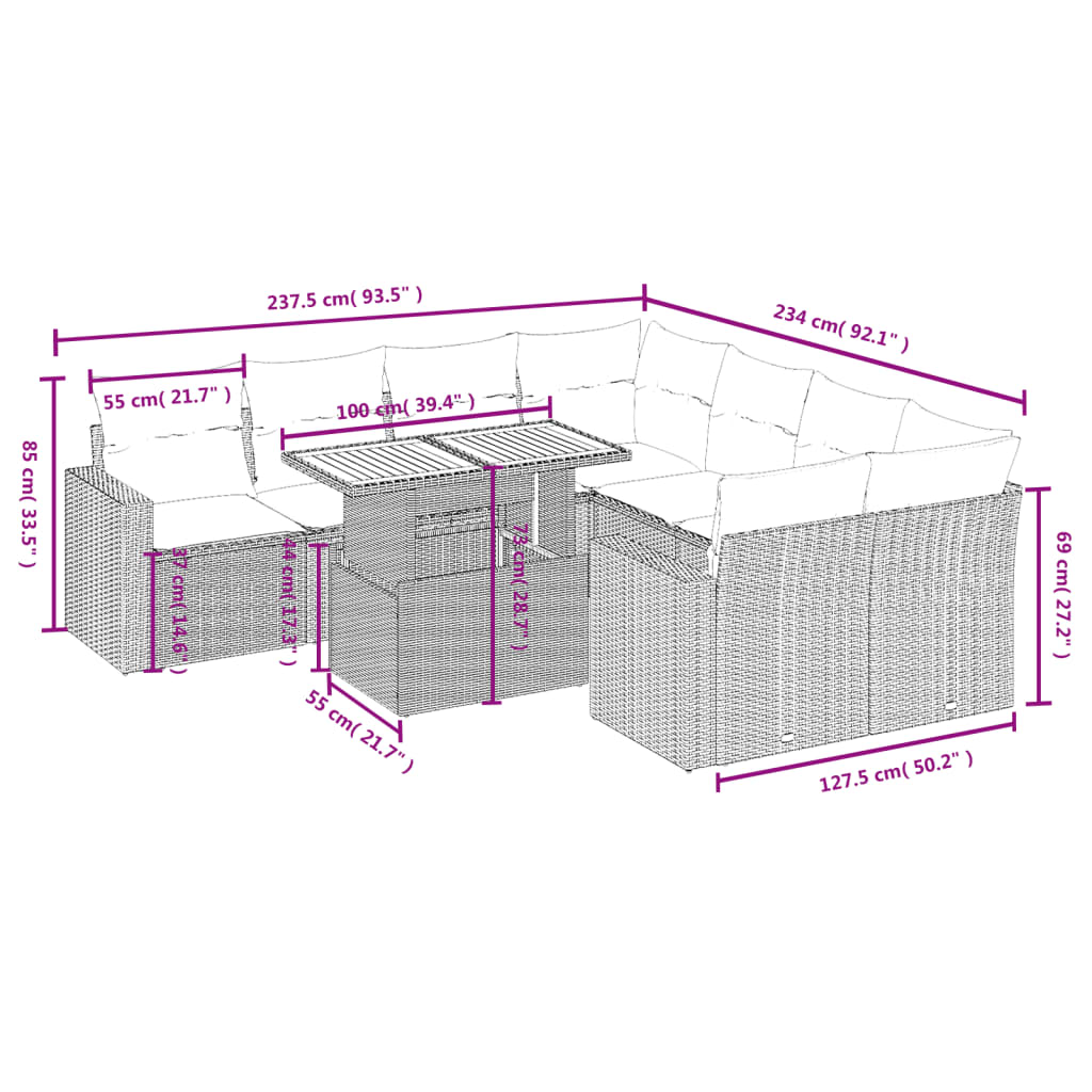 Set Divani da Giardino 9 pz con Cuscini Nero in Polyrattan | homemem39