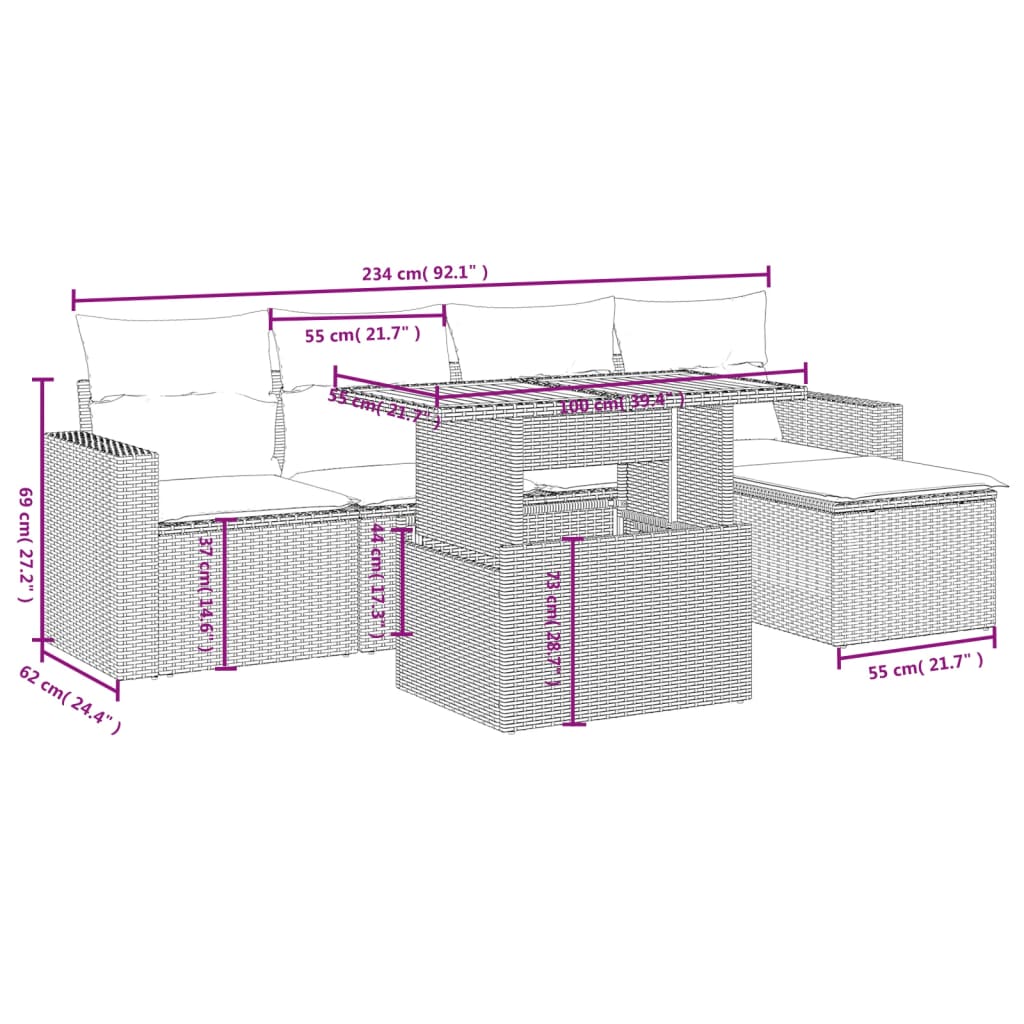 Set Divano da Giardino 6 pz con Cuscini Nero in Polyrattan | homemem39