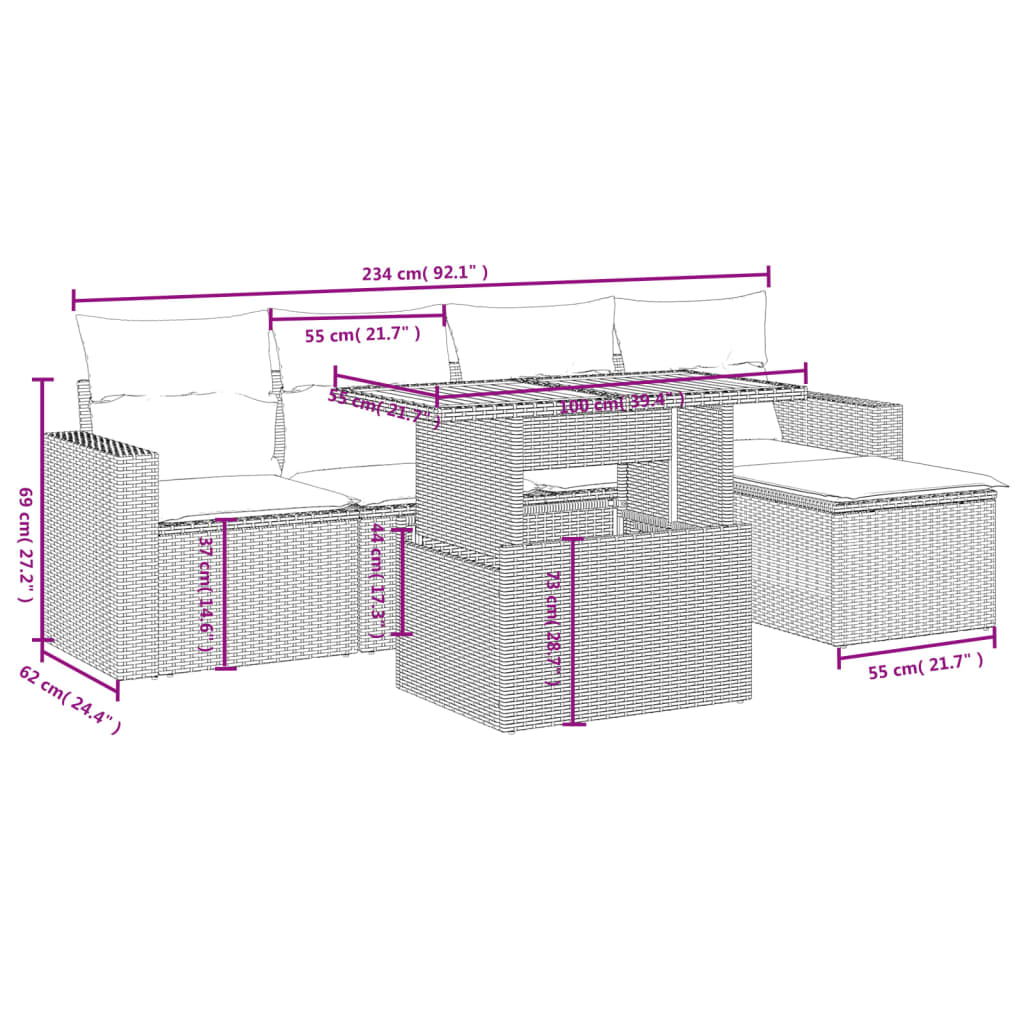 Set Divano da Giardino 6 pz con Cuscini Beige in Polyrattan | homemem39