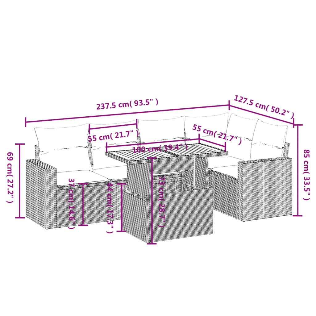 Set Divano da Giardino 6 pz con Cuscini Nero in Polyrattan | homemem39