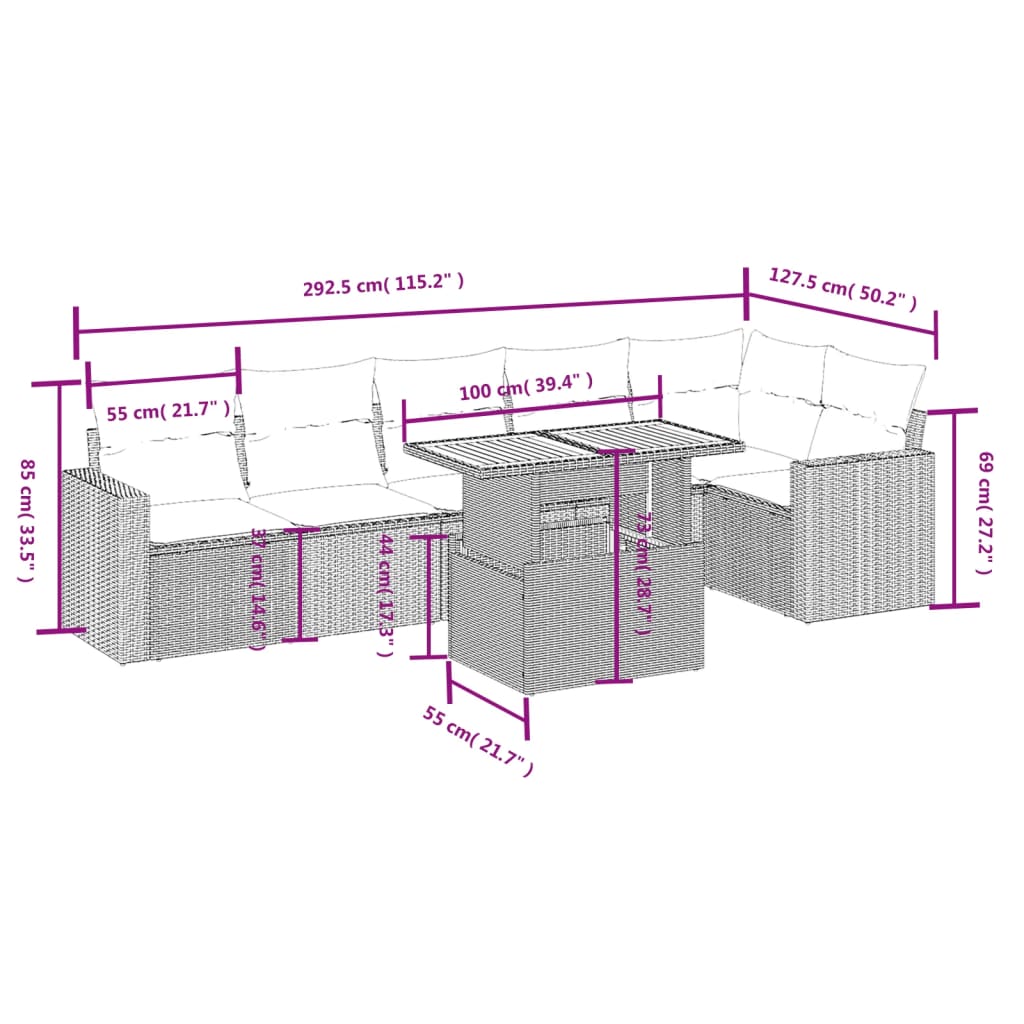 Set Divani da Giardino 7 pz con Cuscini Grigio in Polyrattan | homemem39