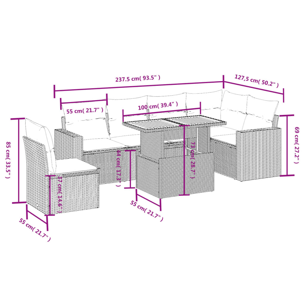 Set Divani da Giardino 7 pz con Cuscini Grigio in Polyrattan | homemem39