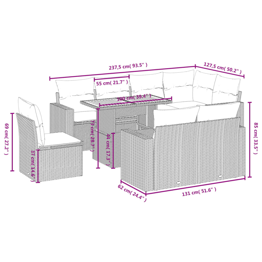 Set Divani da Giardino 9 pz con Cuscini Nero in Polyrattan | homemem39