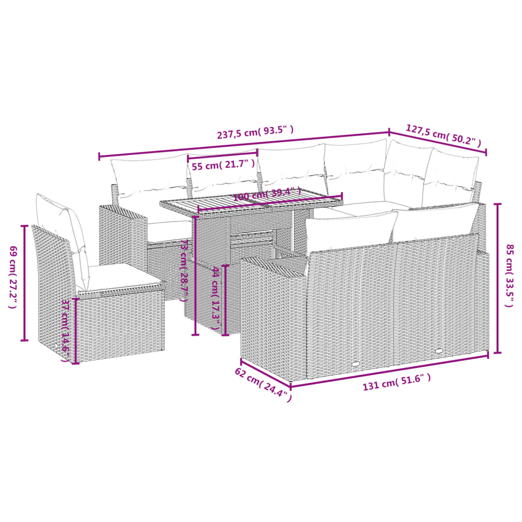 Set Divano da Giardino 9 pz con Cuscini Grigio in Polyrattan | homemem39