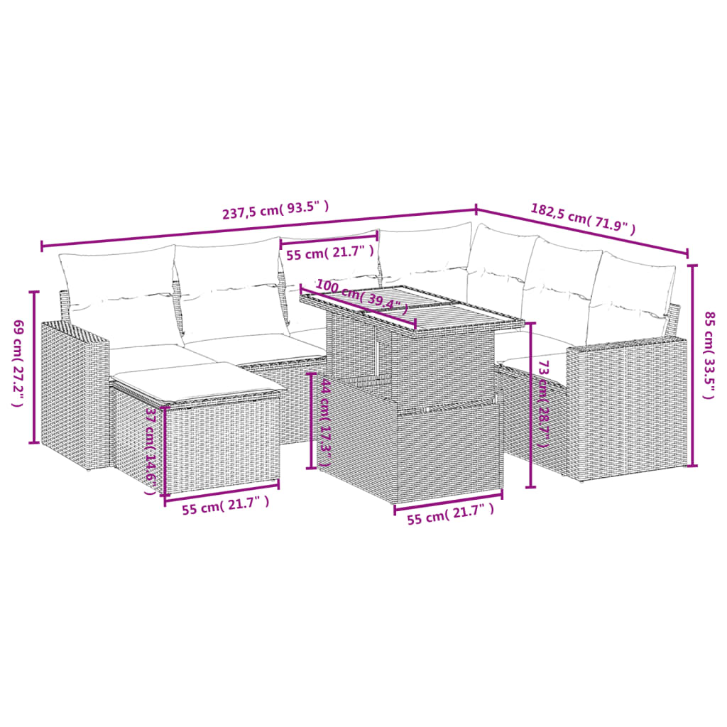 Set Divani da Giardino con Cuscini 8 pz Nero in Polyrattan | homemem39