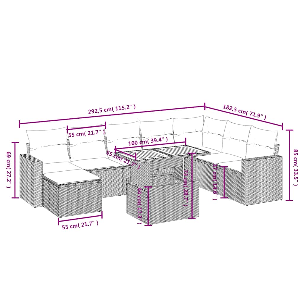 Set Divani da Giardino 9 pz con Cuscini Nero in Polyrattan | homemem39