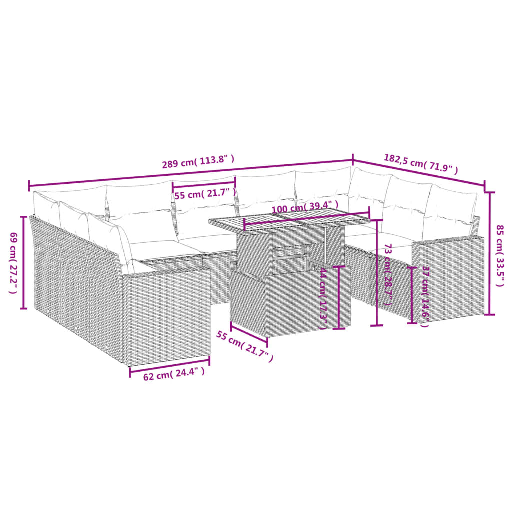 Set Divano da Giardino 10 pz con Cuscini Grigio in Polyrattan | homemem39