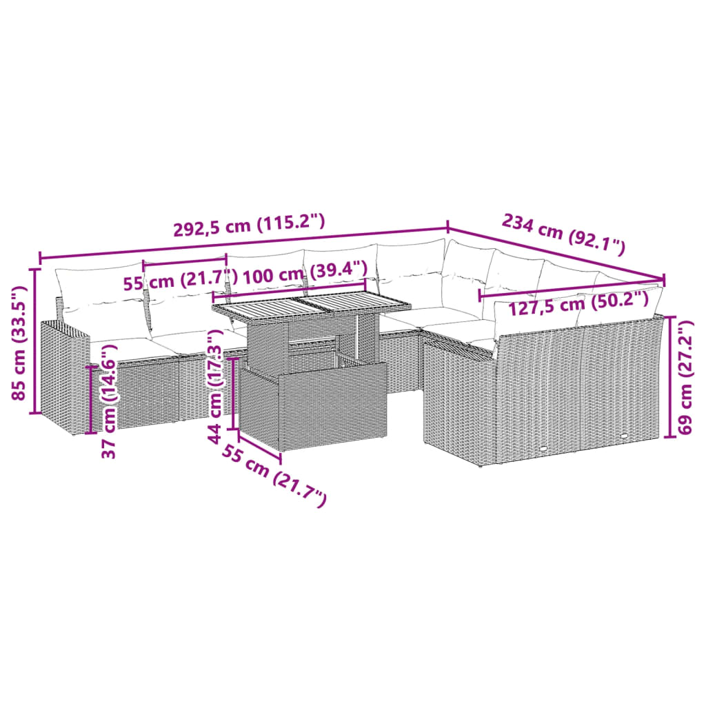 Set Divani da Giardino 10pz con Cuscini in Polyrattan Nero | homemem39