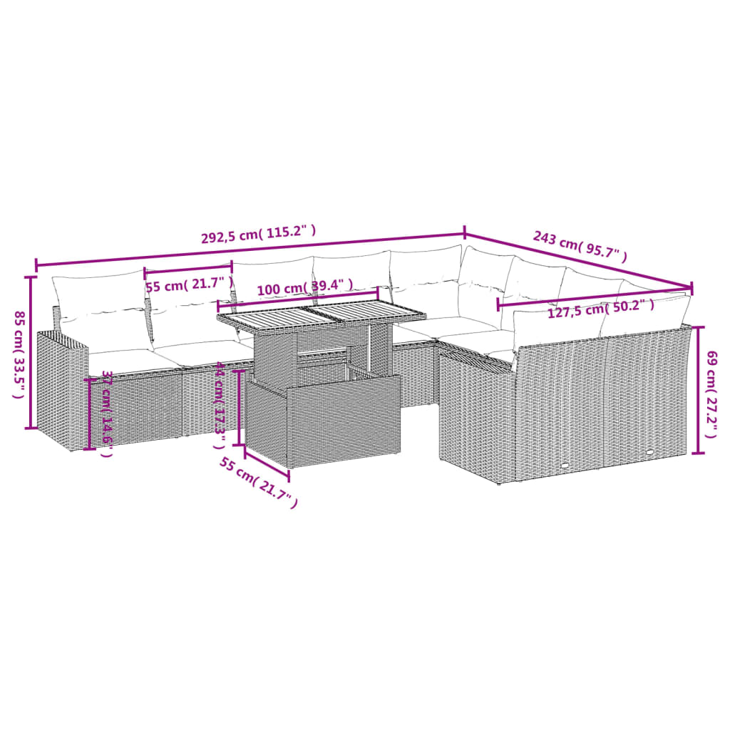 Set Divano da Giardino 10 pz con Cuscini Beige in Polyrattan | homemem39