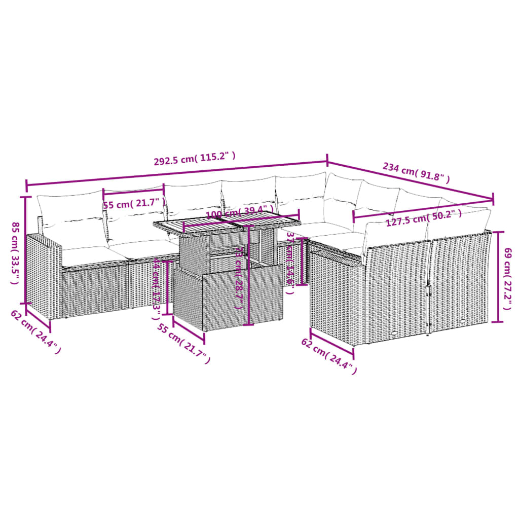 Set Divano da Giardino 10 pz con Cuscini Grigio in Polyrattan